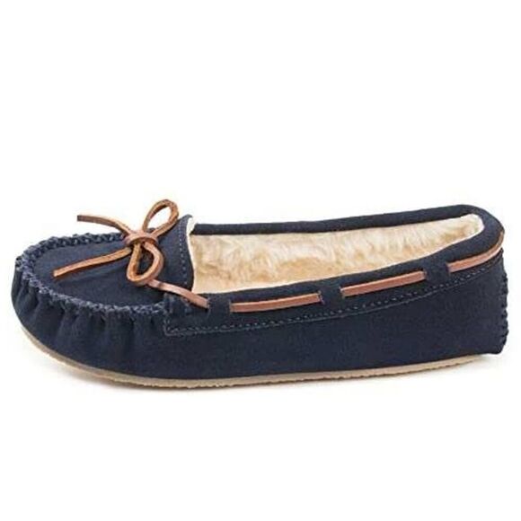 Minnetonka Slipper Womens Cally Moccasin Size 7M Navy Suede Sherpa Lining NIB - Picture 1 of 4